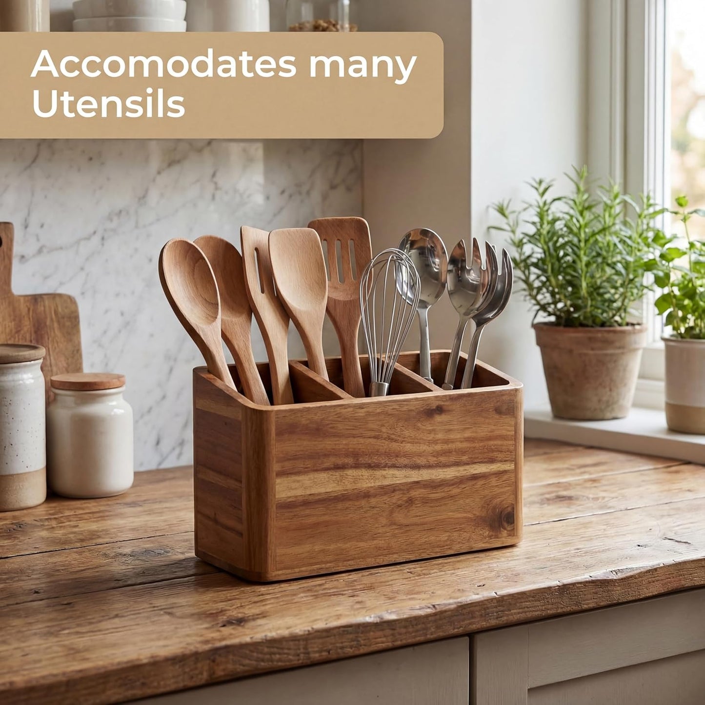 Dstuff Large Kitchen Utensil Holder Organizer for Counter or Countertop, Large Wooden Utensil Holder for Storage Cooking and Silverware with 3 Compartment, Acacia Rustic Wood Container Extra Large