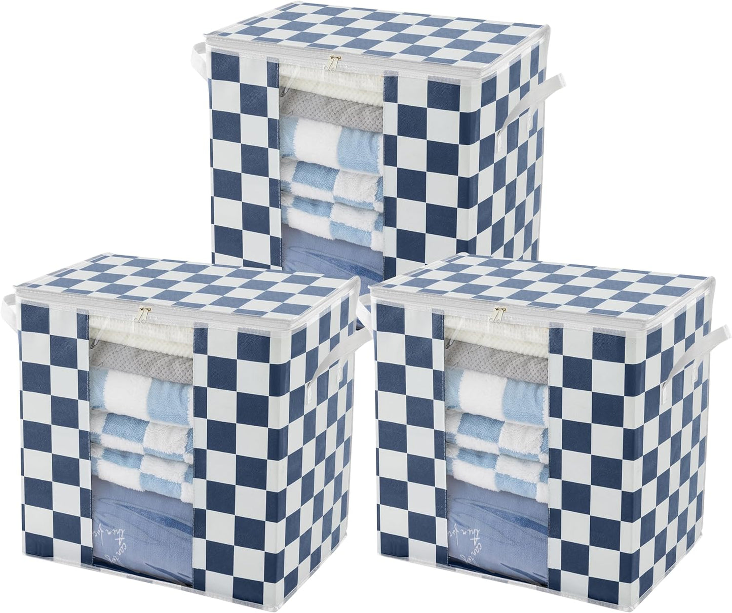 Navy Blue Checkered Clothes Storage Bins, 100L Large Blanket Storage Bags 3 Pack, Closet Organizers and Storage Containers for Comforters, Bedding, Foldable Organizer with Handle