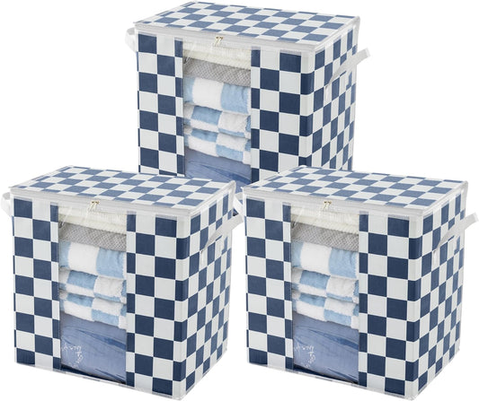 Navy Blue Checkered Clothes Storage Bins, 100L Large Blanket Storage Bags 3 Pack, Closet Organizers and Storage Containers for Comforters, Bedding, Foldable Organizer with Handle