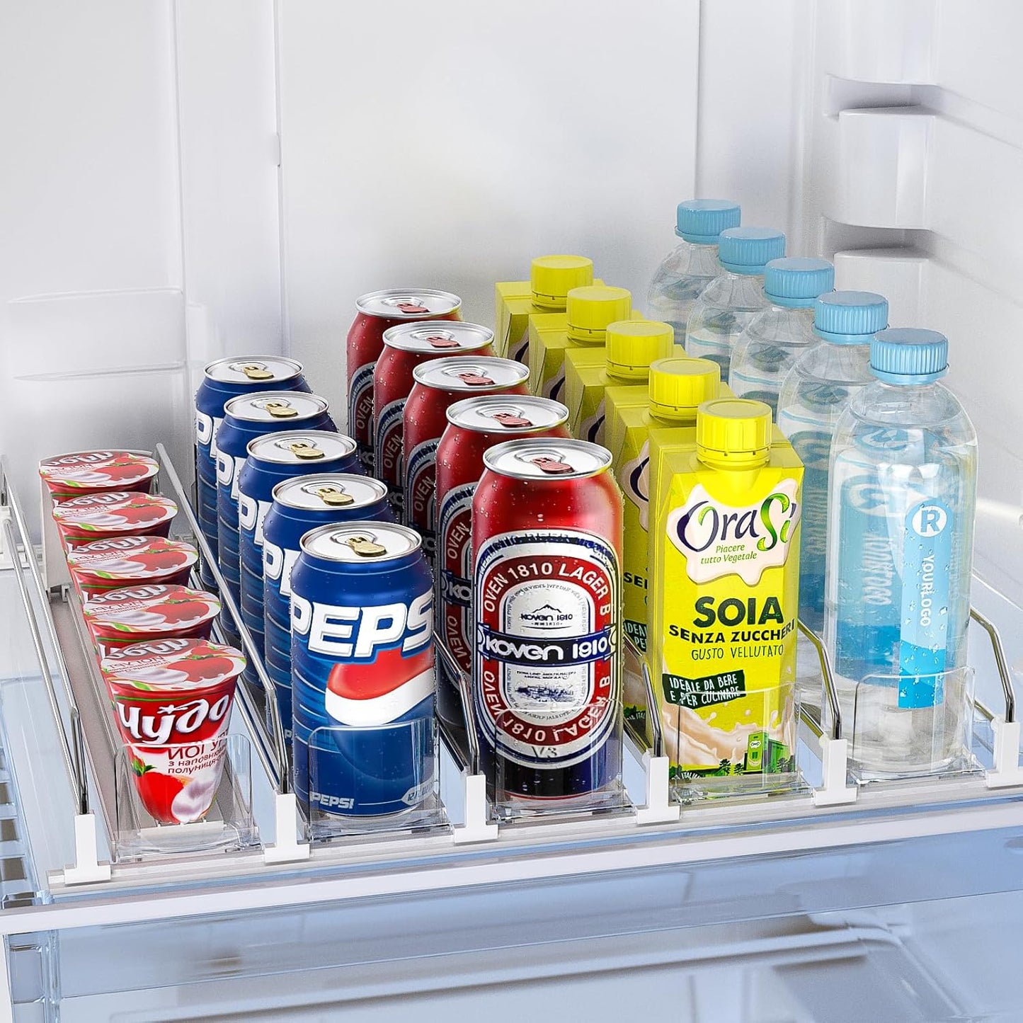 Soda Can Dispenser for Refrigerator,Self-Pushing Drink Organizer for Fridge, Width Adjustable Fridge Organization, Beer Pop Can Water Bottle Drink Dispenser for Fridge (15.1"D) White (5 Row, White)