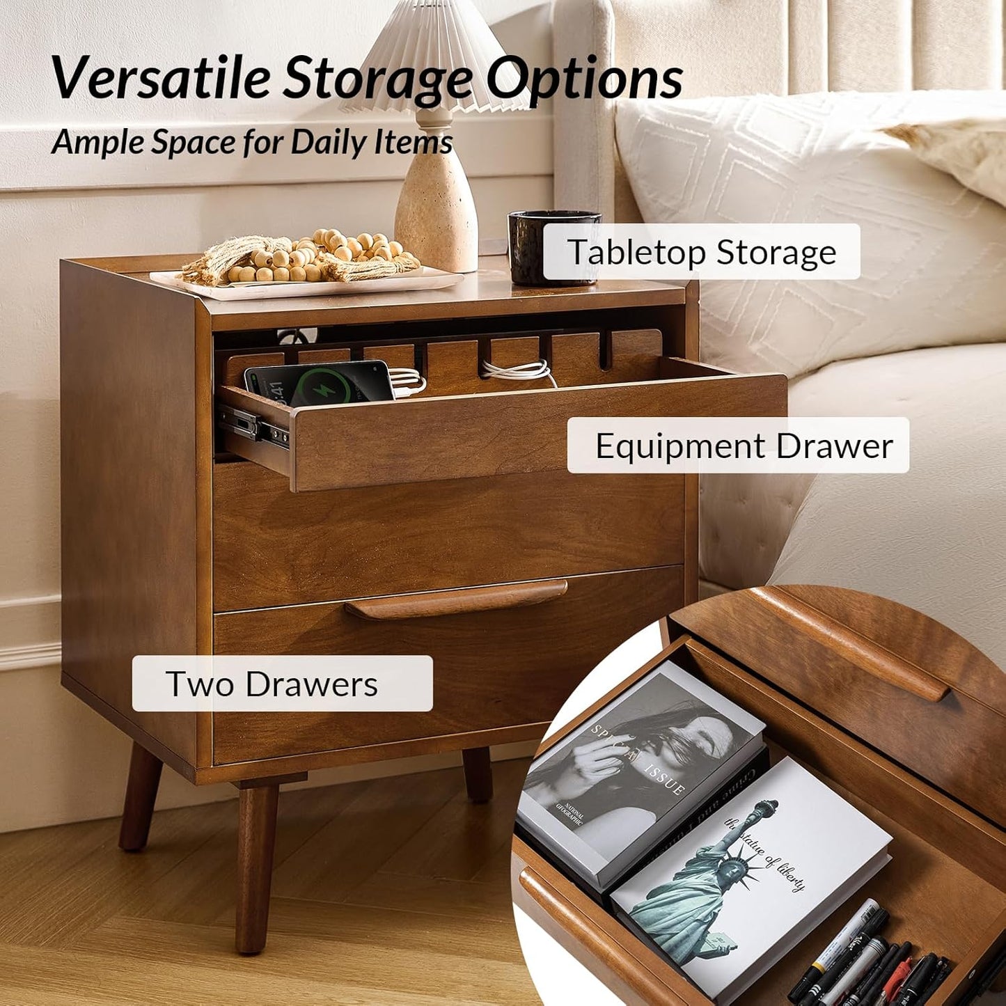 HULALA HOME Nightstand with Charging Station, Mid-Century Modern 2 Drawer and Open Shelf Bedside Tables, Wood Night Stand with USB Ports and Outlets for Bedroom, Acorn