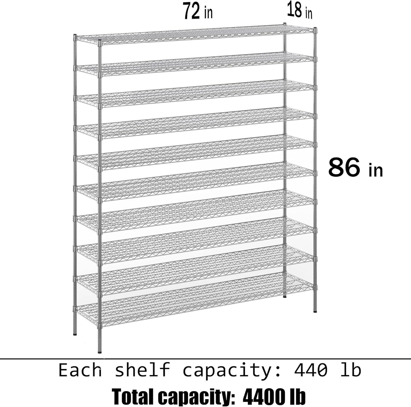 18" Deep x 72" Wide x 86" Height Wire Shelving Kit | 10-Tier | NSF Commercial Storage Rack Unit
