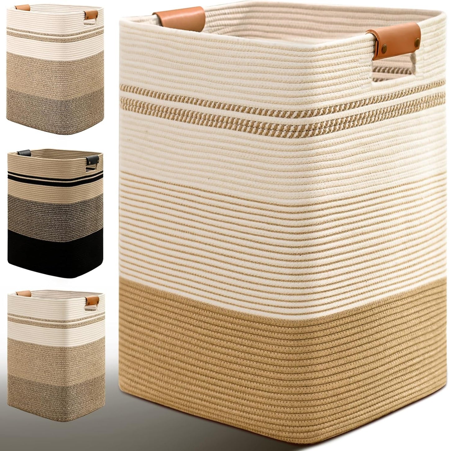 Laundry Hamper, 75L Tall Laundry Basket with Leather Handles, Rectangle Large Clothes Hamper for Organizing, Cotton Woven Laundry Baskets Storage Hampers for Bedroom, Nursery, Living Room