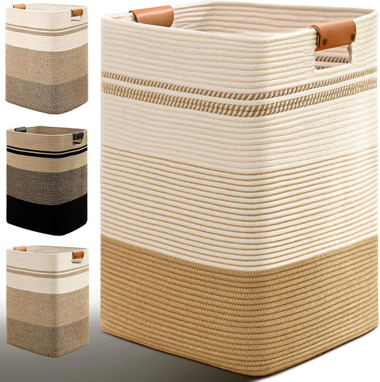 Laundry Hamper, 75L Tall Laundry Basket with Leather Handles, Rectangle Large Clothes Hamper for Organizing, Cotton Woven Laundry Baskets Storage Hampers for Bedroom, Nursery, Living Room