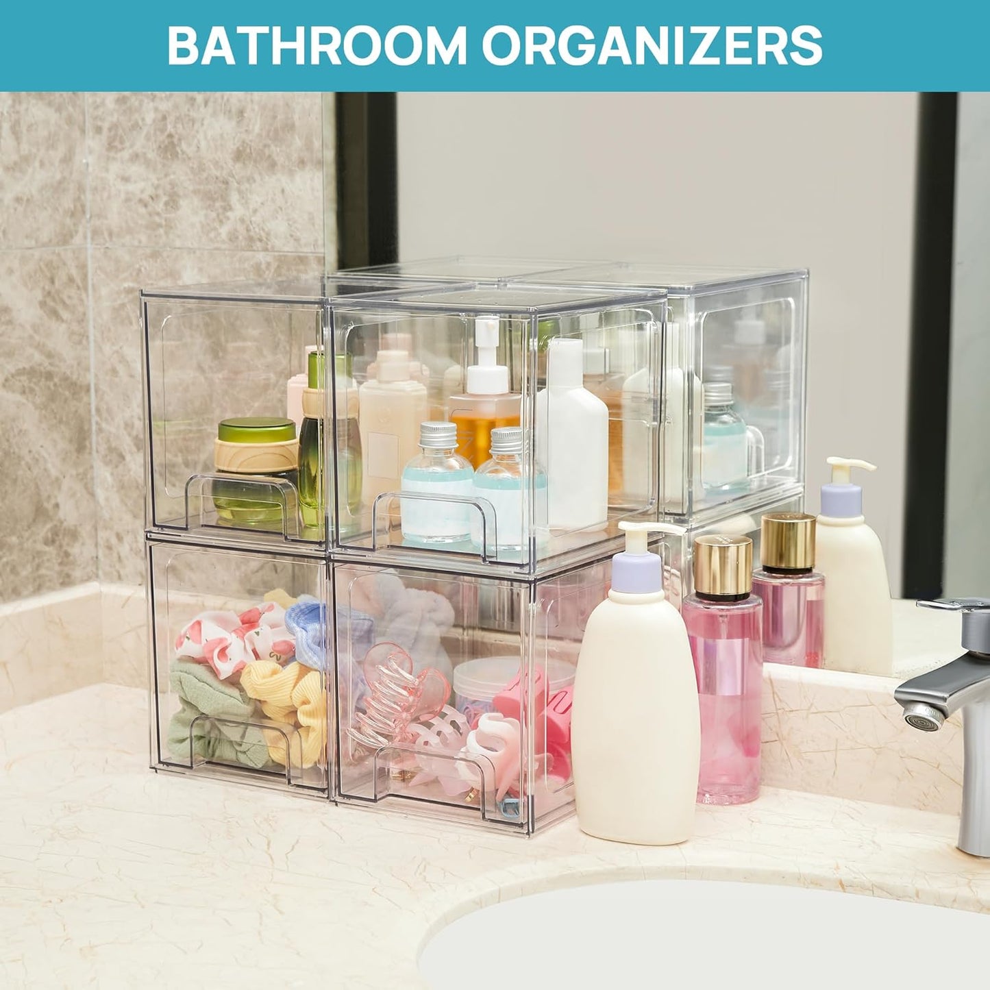 Vtopmart 6 pack Stackable Storage Drawers, 6.6''Tall Acrylic Bathroom Makeup Organizers,Clear Plastic Drawers For Vanity, Undersink, Kitchen Cabinet,Pantry Organization and Storage