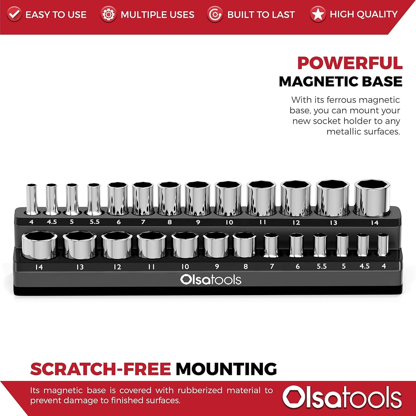 Olsa Tools Magnetic Socket Holder | 1/4-inch Drive | Metric | Black | Holds 26 Sockets | Professional Quality Tools Organizer