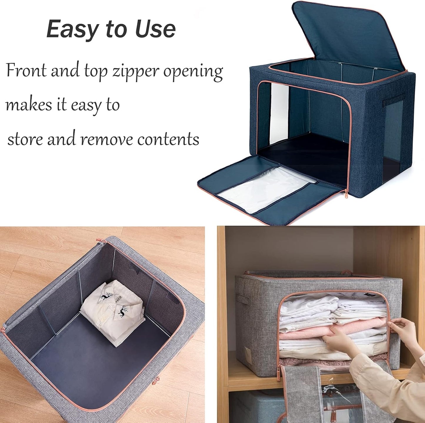 100L Large Capacity Clothes Storage Organizer,Stackable Storage Bags with Foldable Metal Frame, Zipper, Handles, Clear Window, Storage Container Box for Blanket Sweater Comforter Pillow (Navy 2Pack )