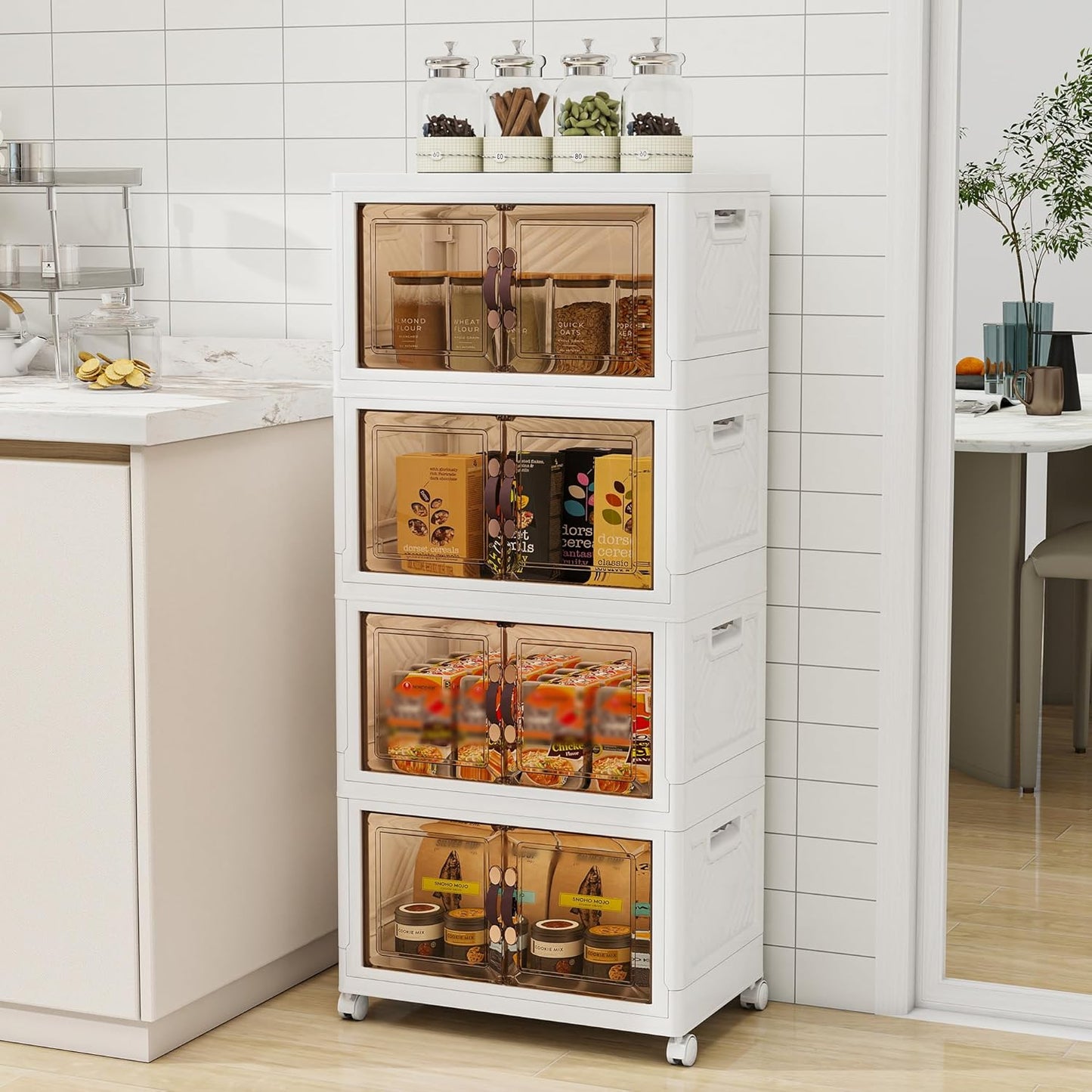 Storage Bins with 2 Lids and Wheels, Collapsible Bathroom Storage Cabinet with Clear Doors, Plastic Stackable Closet Organizers and Storage Containers White 270 QT