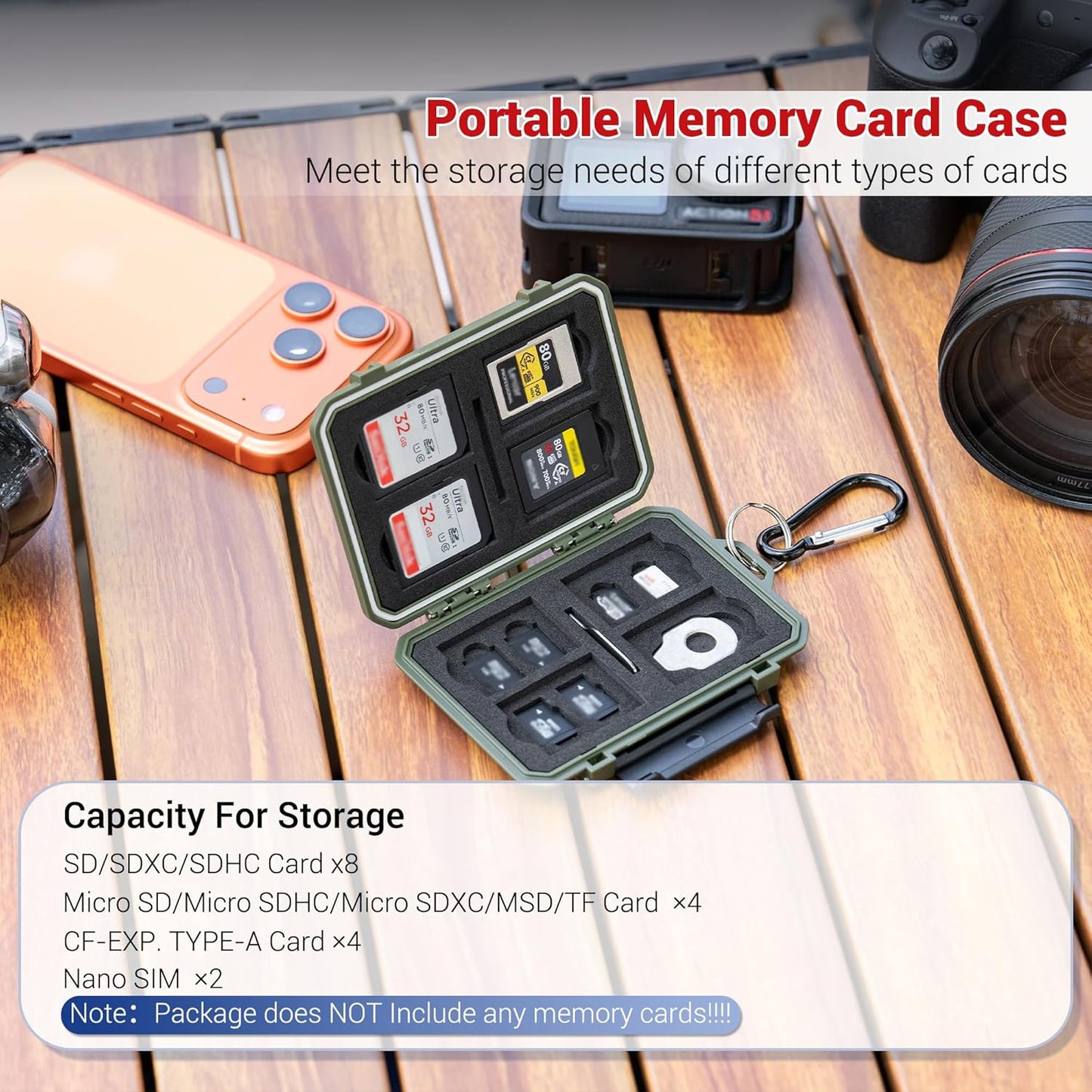 Memory Card Case with 18 Slots, IP67 Waterproof Anti-Shock Travel Camera Memory Card Holder for 8 SD SDHC SDXC Cards & 4 MicroSD TF MSD & 4 CFexpress Type-A Cards & 2 Nano SIM Storage - Green