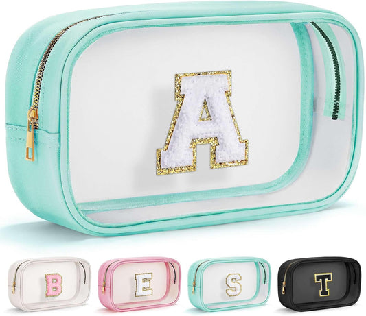 YOOLIFE Initial Clear Makeup Pouch, Clear Makeup Bag Cosmetic Travel Beach Toiletry Bag Travel Essentials Gifts for Women Teen Girlfriend Teacher Mom Birthday Gift for Women Teen Zipper Pouch Blue A