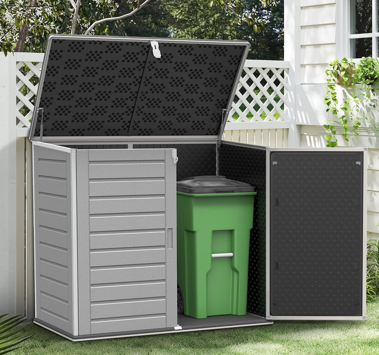 Uhomepro 4.6 Ft. X 4.1 Ft Outdoor Horizontal Storage Shed, Resin Storage Shed with Double Lockable Doors, Ideal for Garbage Can Storage and Garden Tools, Strong Water Resistance