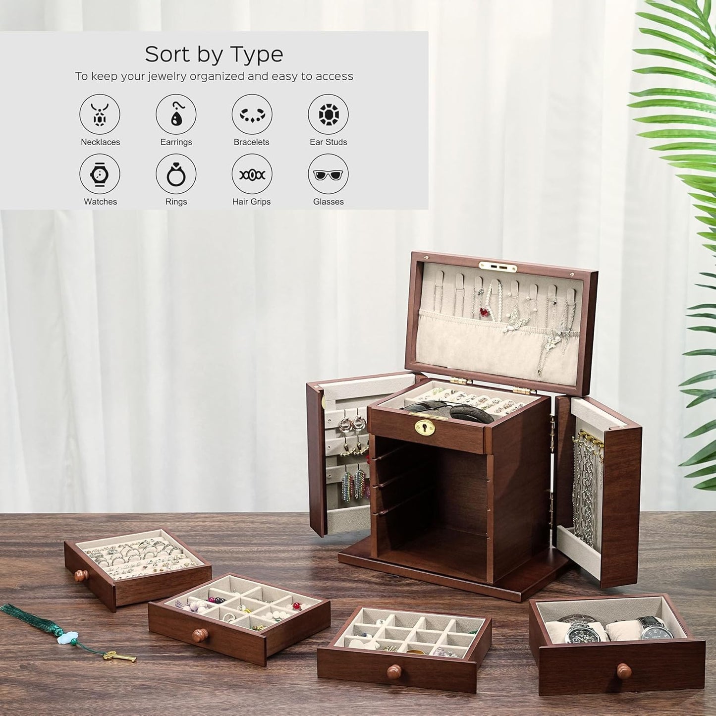 Lockable Wooden Jewelry Box for Women - 8-Layer Dresser Top Jewelry Boxes and Organizer with Key,Large Storage for Necklaces,Solid Wood Jewelry Organizers with Necklace Hooks