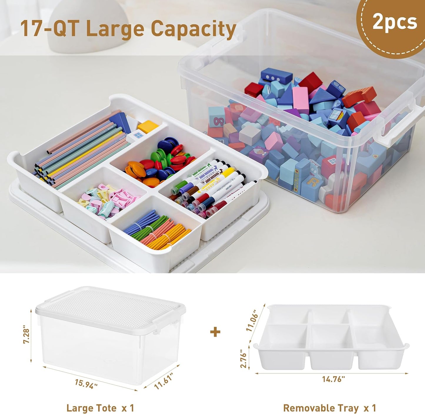 Citylife 17 QT Storage Box with Building Baseplate Lid and Removable Tray Office Organization Kitchen Organization Toy Storage Bead, Tool, Sewing, 2 Packs