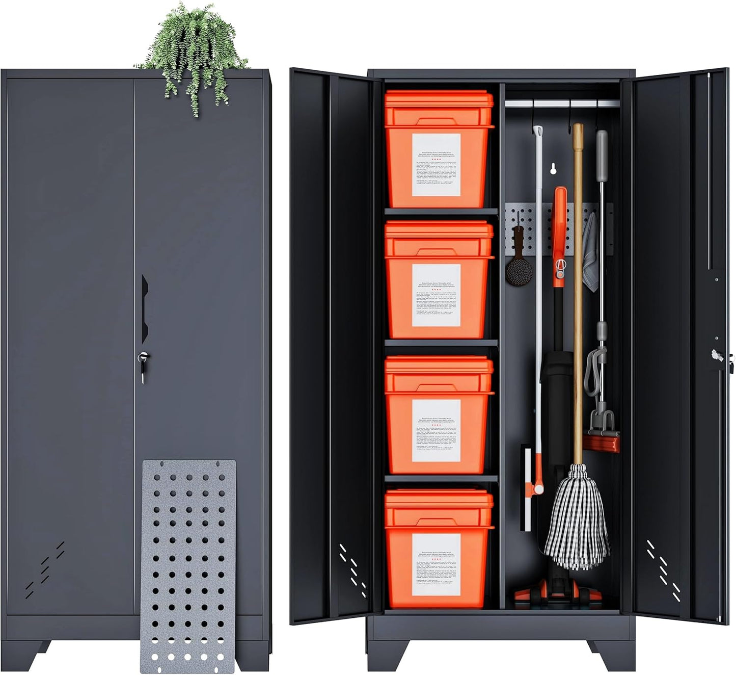 Storage Cabinet 61" H, Metal Outdoor Sheds with Shelves for Tools Storage, Cleaning Supplies Closet with Removable Pegboard for Outdoor, Garage, Utility Room