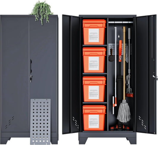 Storage Cabinet 61" H, Metal Outdoor Sheds with Shelves for Tools Storage, Cleaning Supplies Closet with Removable Pegboard for Outdoor, Garage, Utility Room