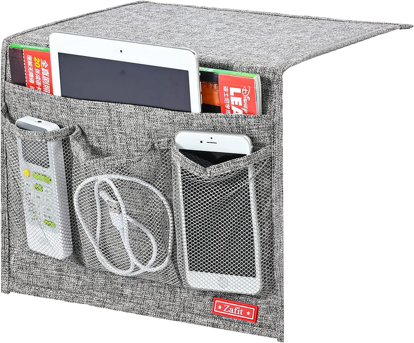 Linen 4 Pockets Bedside Caddy, Bedside Storage Organizer for Magazine, Remotes, Phone (Classic Grey)