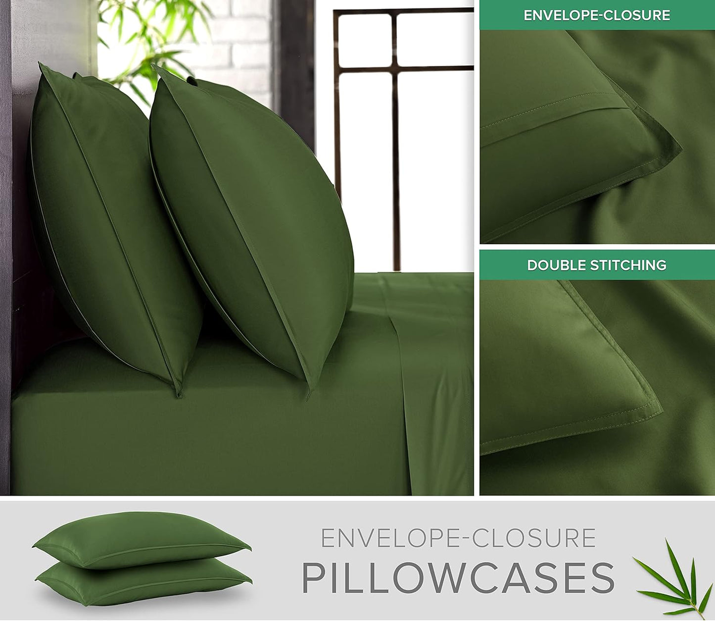 Queen Pillowcases by Pure Bamboo, Genuine 100% Organic Viscose Derived from Bamboo, Luxuriously Soft & Cooling, Double Stitching, Envelope Closure (2 Queen Pillowcases, Pesto)