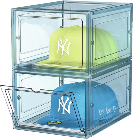 Hat Organizer Box, Stackable Clear Baseball Caps Holder Box Containers with Magnetic Door for Hats Snapback Cap Storag, Hat Rack Display Case, Holds 8 Hats Each (Blue, 2 Pack)