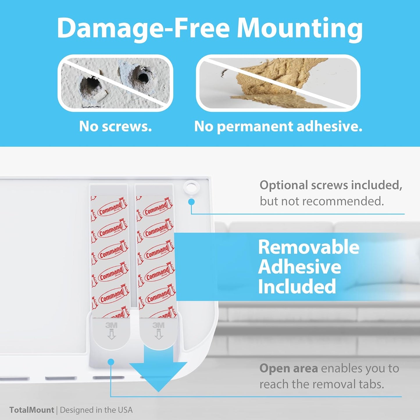 TotalMount Hole-Free Remote Holder – Eliminates The Need to Drill Holes in Your Wall (Premium White Remote Control Holder for 5 or 6 Remotes)