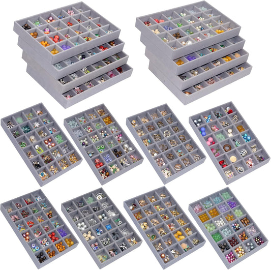 Stackable Jewelry Organizer Tray 24-Grid Velvet Jewelry Drawer Inserts Earring Organizer for Women Jewelry Display Box Case for Earring Rings Stud Necklaces (Set of 8, Grey