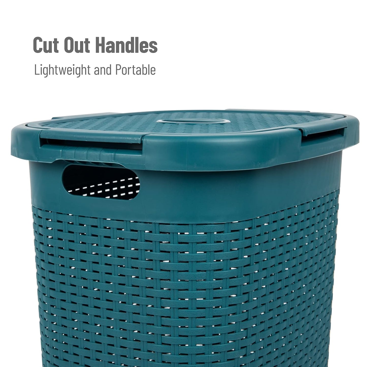 Mind Reader Slim Laundry Hamper with Lid, 60L Clothes Basket, Premium Wicker Design, Plastic, Blue