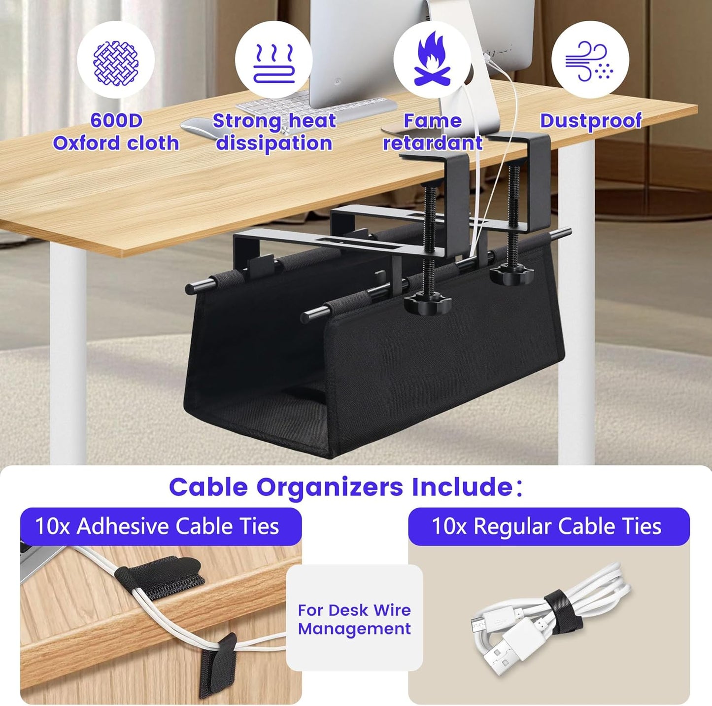 Under Desk Cable Management Tray, Clamp-On Cord Organizer，No Drilling Required, Holds Up to 22 lbs, for Cords, Routers, Power Strips (Black, 28.4inch)