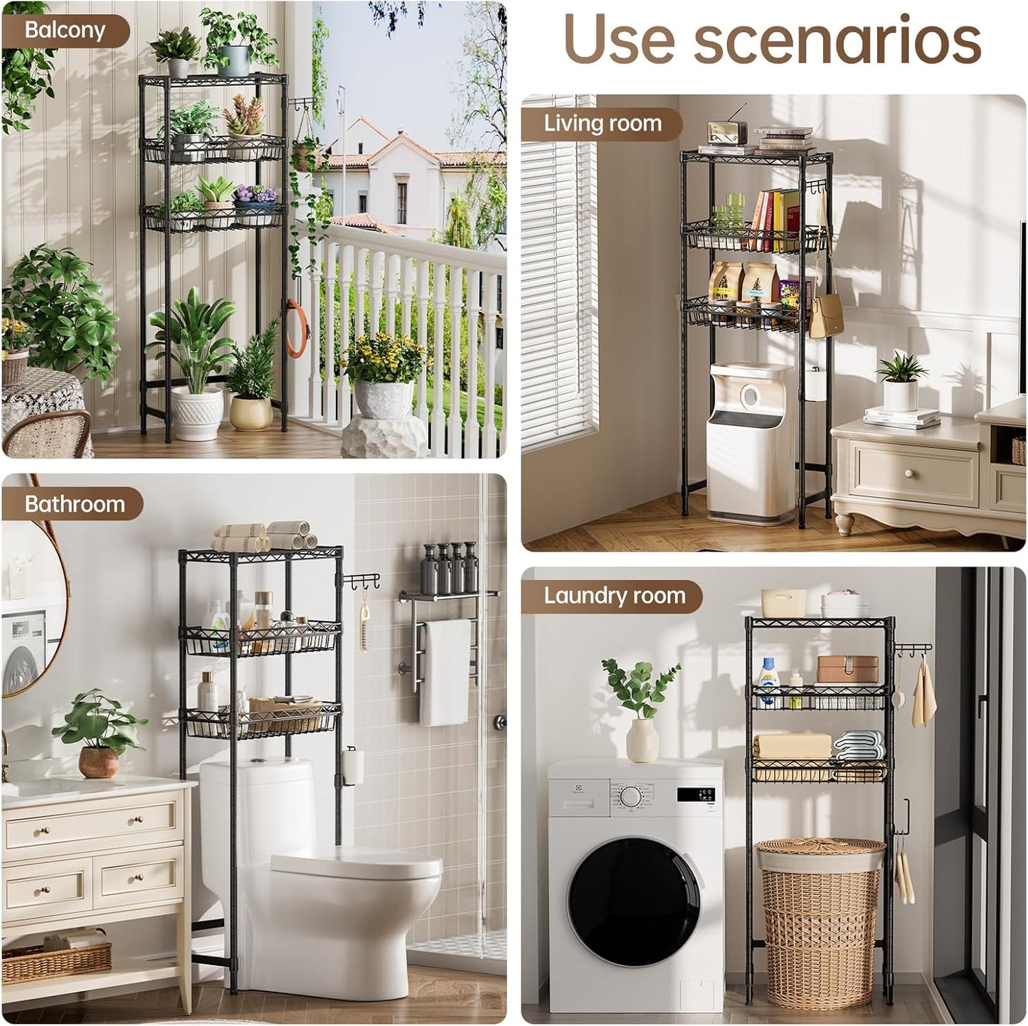 3-Tier Over-The-Toilet Storage Shelf,Heavy-Duty Adjustable Bathroom Rack with 2 Mesh Baskets,Toilet Paper Holder & Hooks,Space-Saving Organizer for Bathroom,10”D x 24”W x 66”H,Black