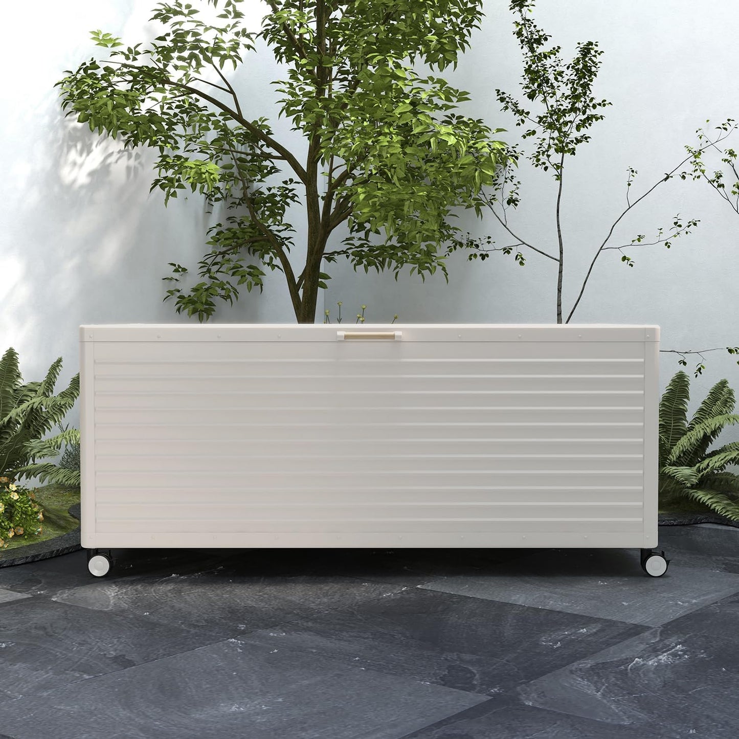 MIRADOR 281 Gallon Outdoor Storage Box Waterproof, Metal Deck Box with wheels for Patio Furniture, Garden Tools, Outdoor Cushion, Latte