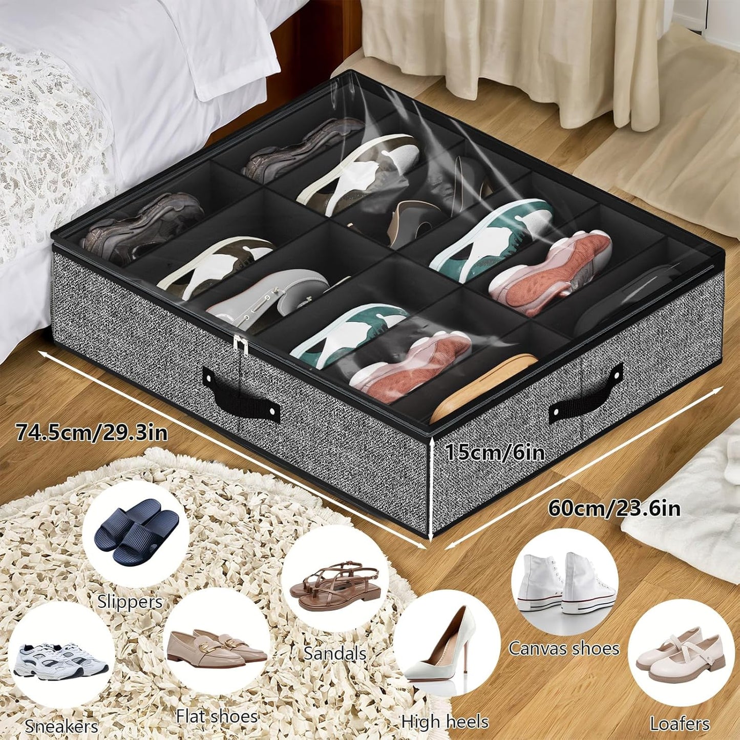 homyfort Under Bed Shoe Storage Organizer for Closet Fits 24 Pairs-Sturdy Underbed Shoe Storage Box Bins,Set of 2 (Linen-like Black)