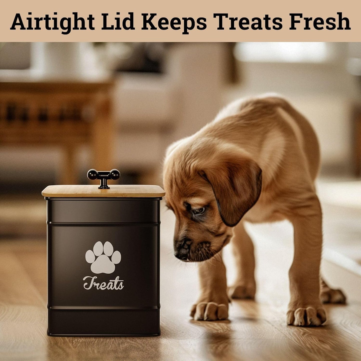 Dog Treat Container Airtight - 6 Inch Wide x 8 Inch Tall Iron Dog Treat Jar for Kitchen Counter with Airtight Bamboo Lid - 12 Cup Capacity Pet Treat Container - Doggie Cookie Jar - Big Treats Canister