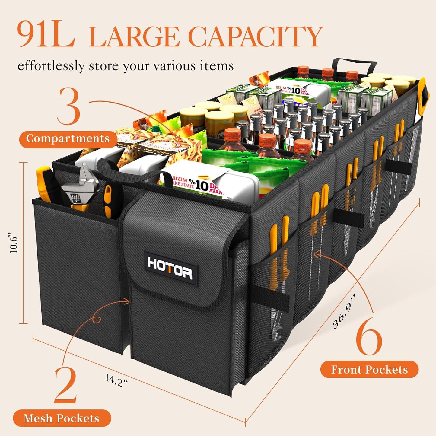 HOTOR Foldable Trunk Organizer - SUV & Sedan, 3-Compartment, 35.4"×14.2"×10.6" Black Car Accessory Organizer