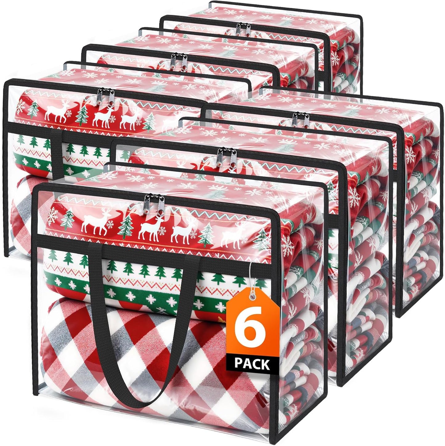 Clear Clothes Storage Bags, 6 Pack Closet Organizers and Under Bed Storage Containers, Foldable Moving Bags with Zippers for Comforter, Blanket, Bedding, Duvet, PVC Packing Bags 90L