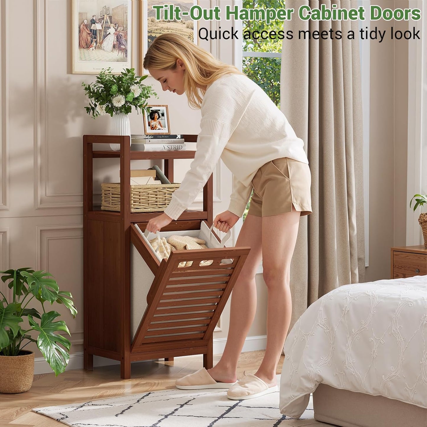 Homykic Tilt Out Laundry Hamper, 10 Gal Bamboo Laundry Storage Cabinet with Removable Basket, Hidden Hamper Organizer with Shelf for Dirty Clothes, Bathroom, Laundry Room, Space Saving, Walnut