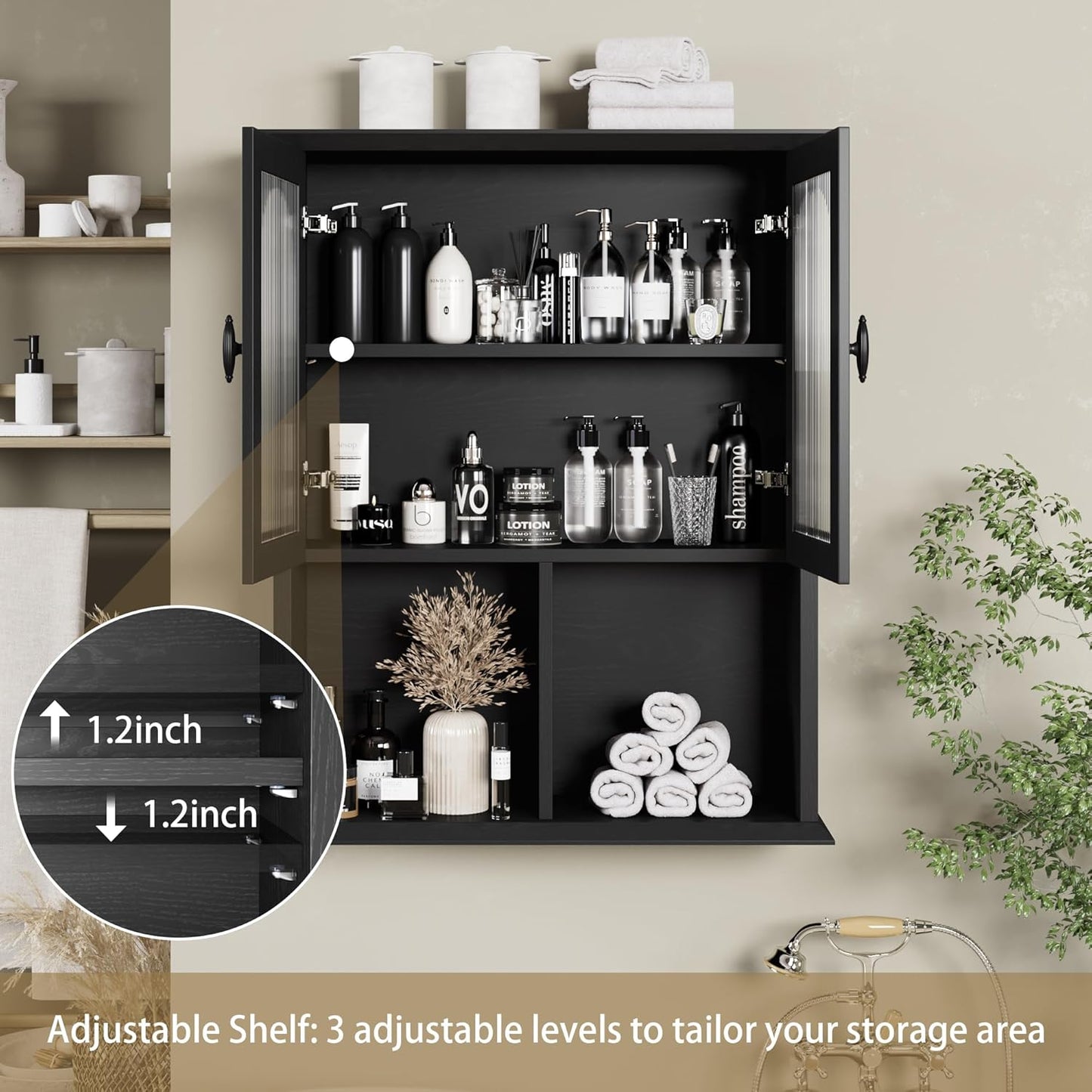 CJL Bathroom Wall Cabinet with Fluted Door, 23.6'' x 29.5'' Medicine Cabinet, Over The Toilet Storage Cabinet, Black