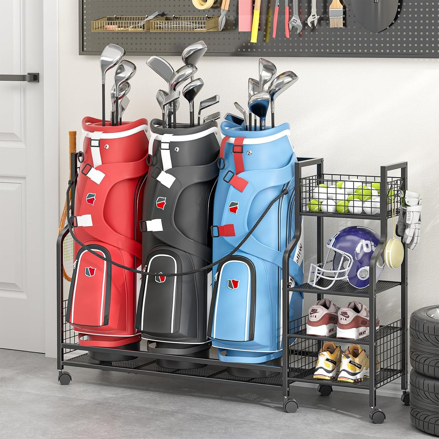Golf Bag Storage Rack for Garage with Wheels, Organizer for Golf Bag and Equipment Accessories, Golf Organizer Stand Ideal for Home, Garage, Club, Shed, Basement - Sturdy and Durable (Black)