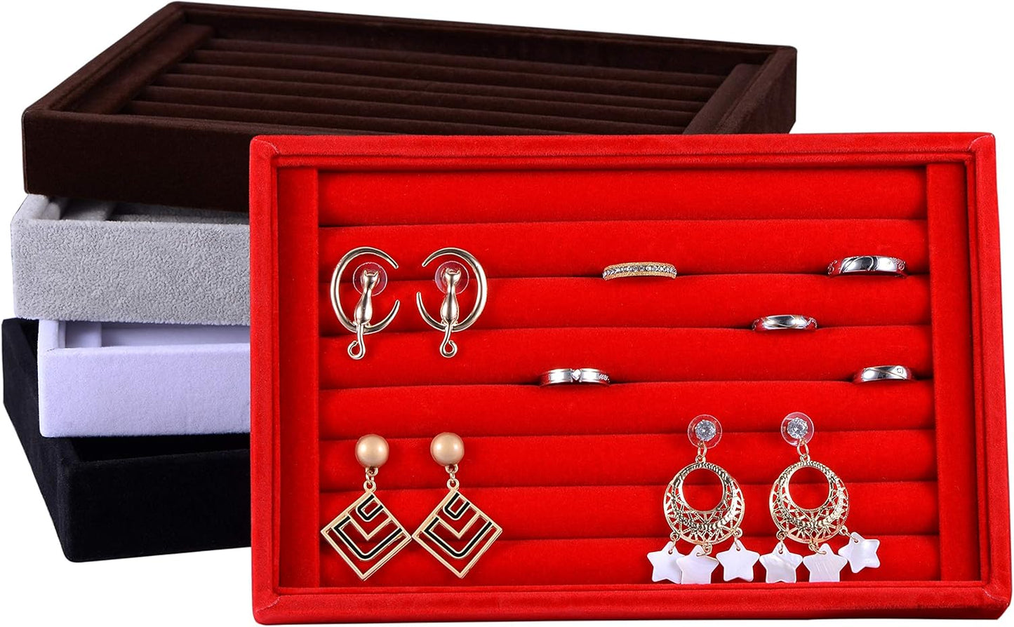 Valyria Velvet 7 Slots Ring Earrings Trays Showcase Display Jewelry Organizer (Blue)
