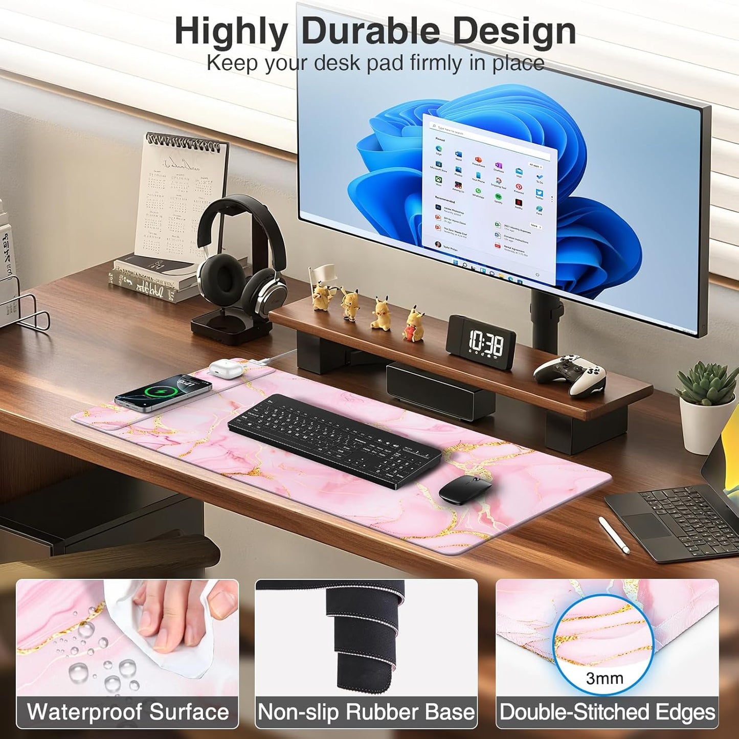 Wireless Charging Mouse Pad, 31.5"x15.8" Large Gaming Desk Mat for Keyboard/Laptop, Waterproof Ultra-Smooth Surface, Non-Slip Base, with 20W PD Adapter, Pink Marble