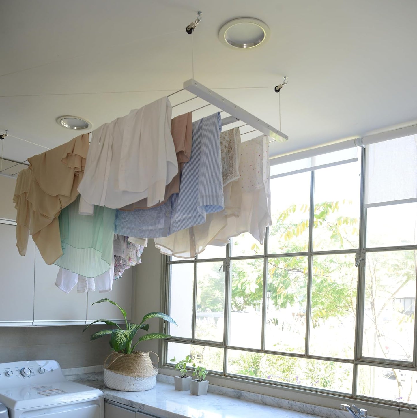 Ceiling Mounted Pulley Drying Rack – Aluminum Clothesline for Indoor or Outdoor Use – Space-Saving Solution for Modern Laundry Rooms (47.3" x 23.6")