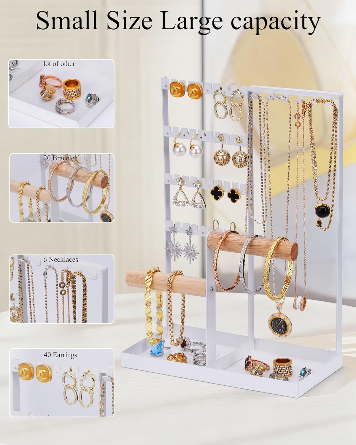 Elegant Jewelry Display Stand with Tray, Multi-Tier Organizer for Necklaces & Earrings, Sturdy Metal Frame for Vanity Tabletop Decor