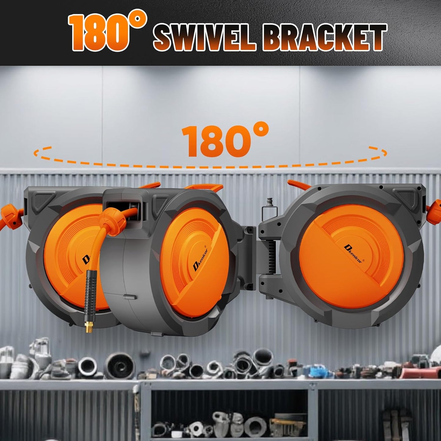 Retractable Air Hose Reel, 3/8" x 120ft Hybrid Hose, Auto Rewind Enclosed Air Compressor Hose Reel with 180° Swivel Bracket, Max 300 PSI Any Length Lock for Garage & Workshop