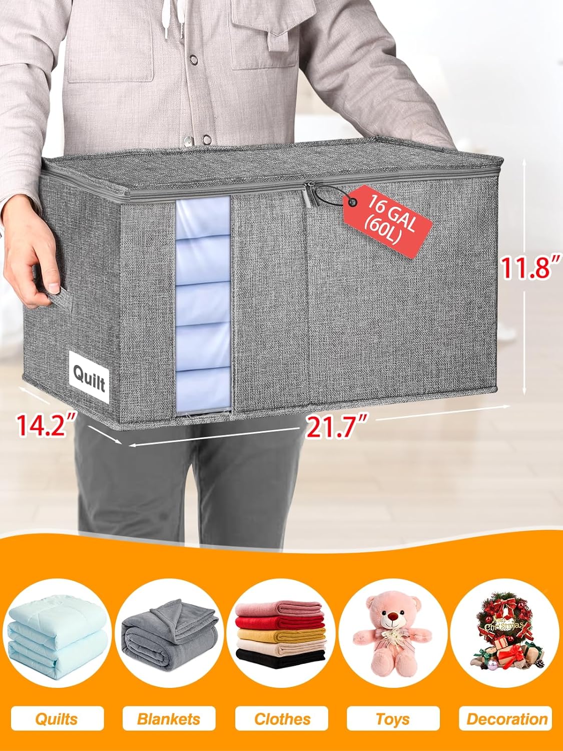 60L Blanket Storage, Comforter Storage Bag With Rigid Side & Bottom Support, Stackable Clothes Storage Bin For King Size Comforters Sweater Bedding Quilt Pillow Closet Organizer,21.7x14.2x11.8in,2Pcs