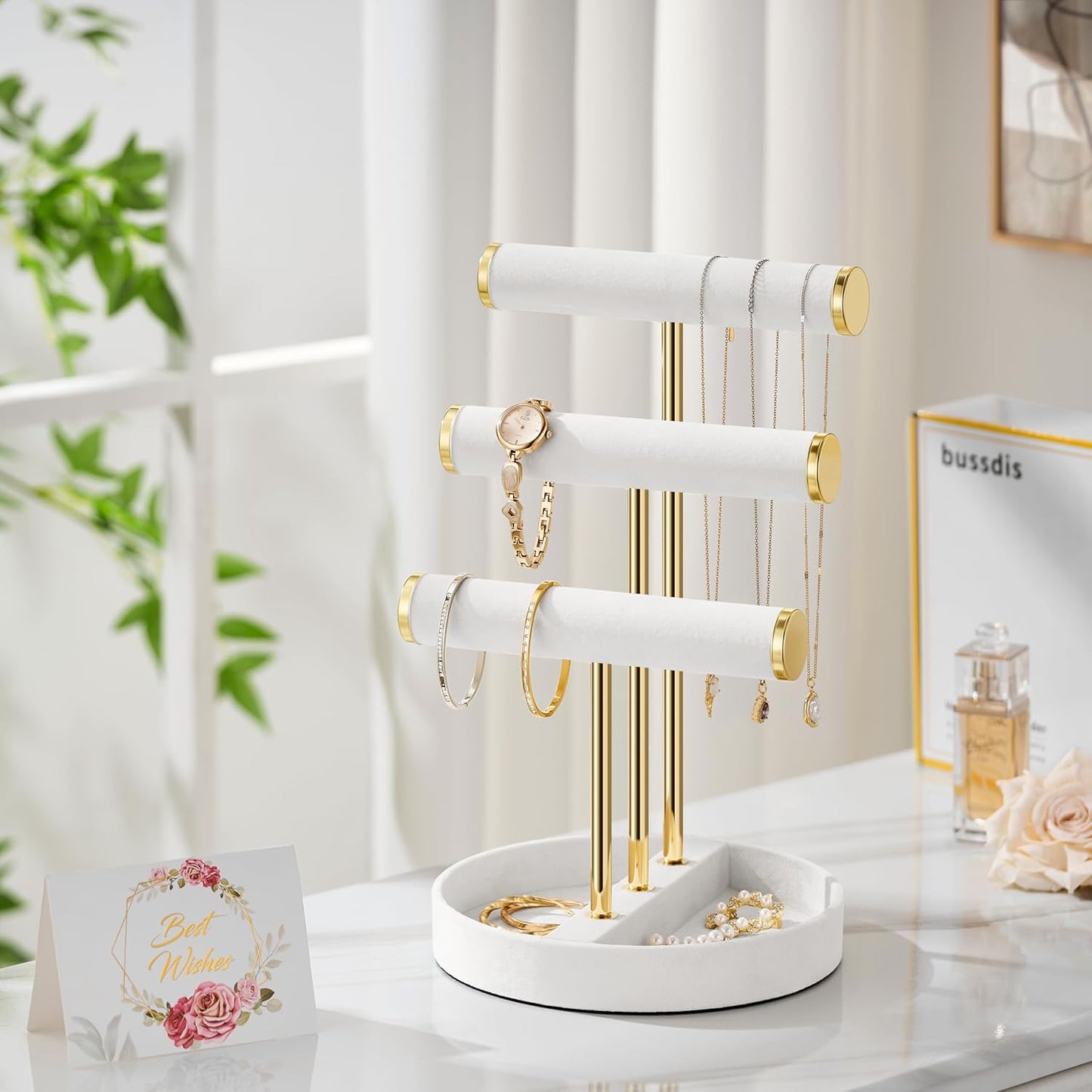 Bracelet Holder Jewelry Organizer Display - 3 Tier T Bar Velvet Stand, White Necklace Holder Organizer, Bracelet Holder, Earring Holder and Ring Display for Jewelry Organizers and Storage