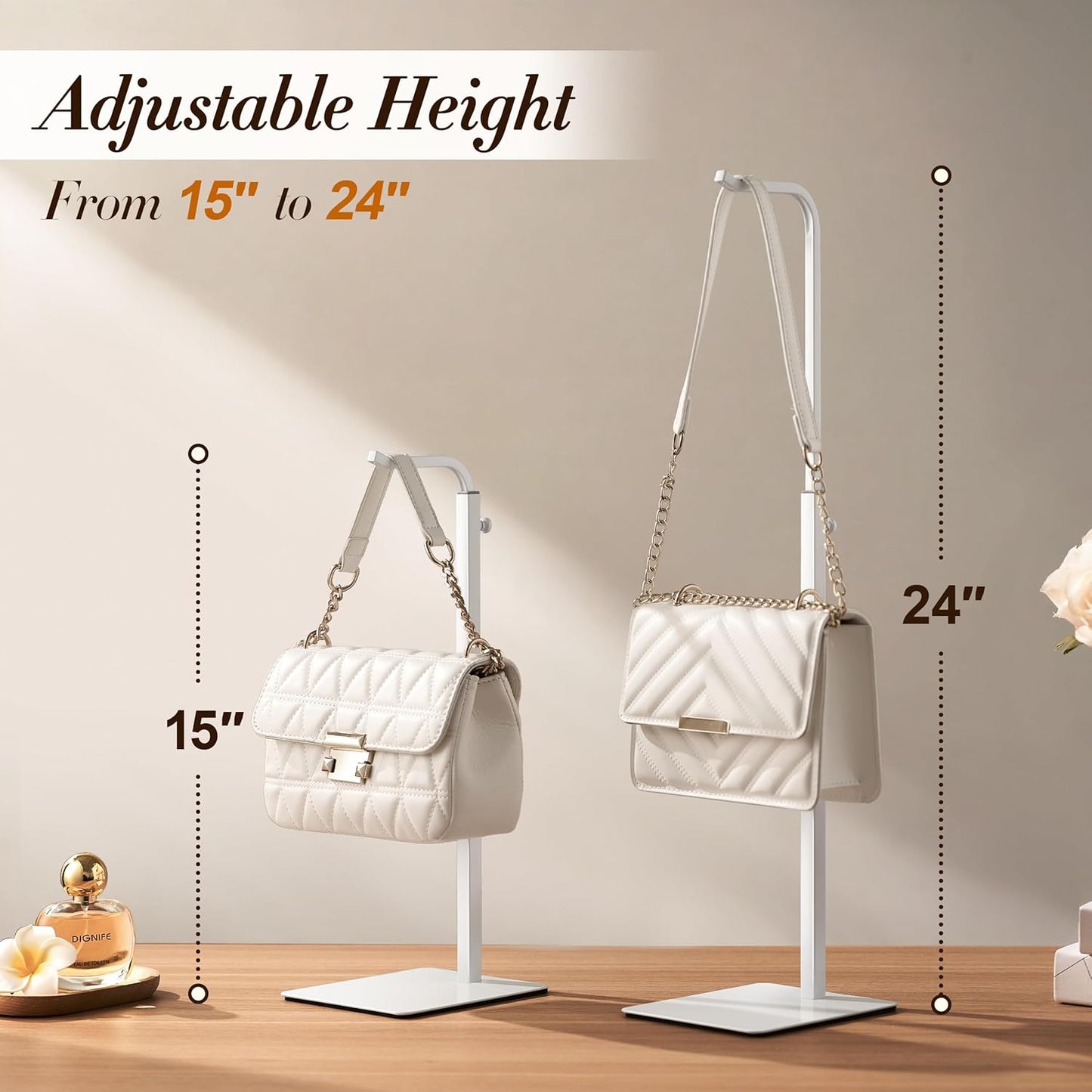 pickpiff 3 Pack Purse Holder Handbag Display Stand: White Hanger Rack for Bags, Purses, and Wreath, Adjustable Hook Stand for Tabletop, Closet, and Retail Use for Vendors