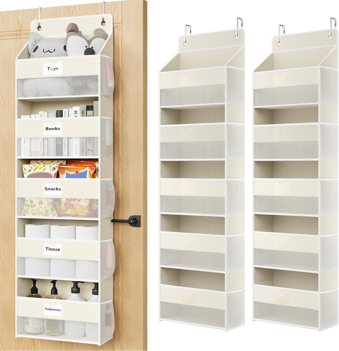 Over The Door Organizer Hanging, 2 Pack 5 Shelf Behind The Doors Storage, Pantry Door Organizer, Closet Organizers for Bedroom and Nursery (Beige)