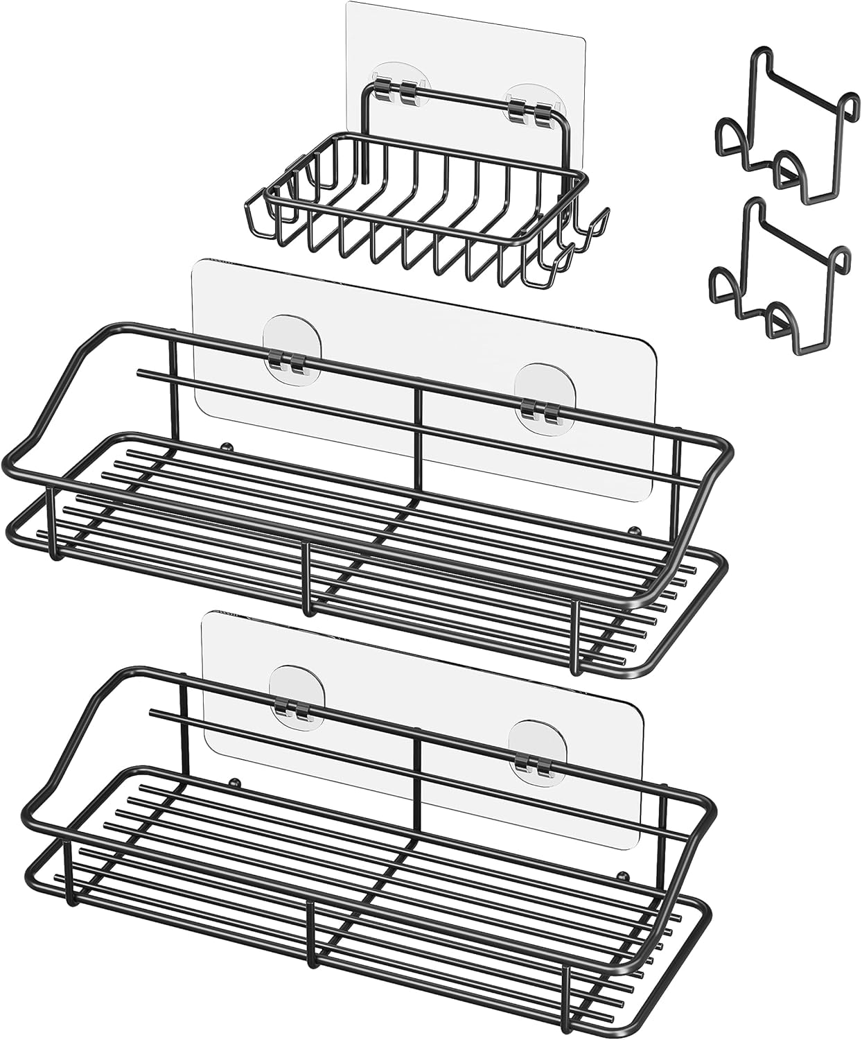 Nieifi Shower Caddy Shelf with Hooks Storage Rack Organizer Adhesive Stainless Steel without Drilling for Bathroom, Lavatory, Washroom, Restroom, Shower, Toilet, Kitchen (Black, 3 Pack)