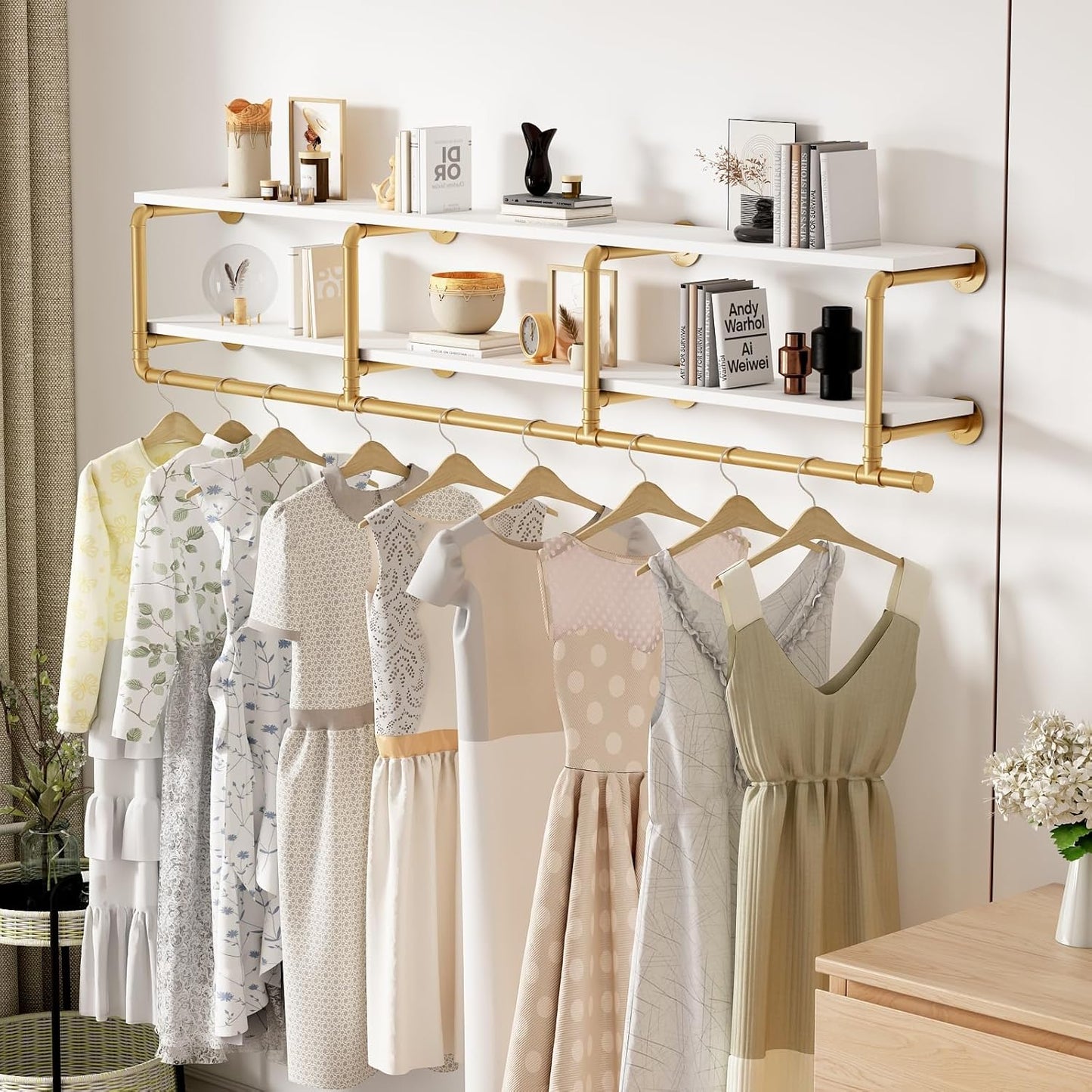 ORSENIGO Industrial Pipe Clothing Rack with Shelves, Gold Wall Mounted Clothes Rack for Home Retail