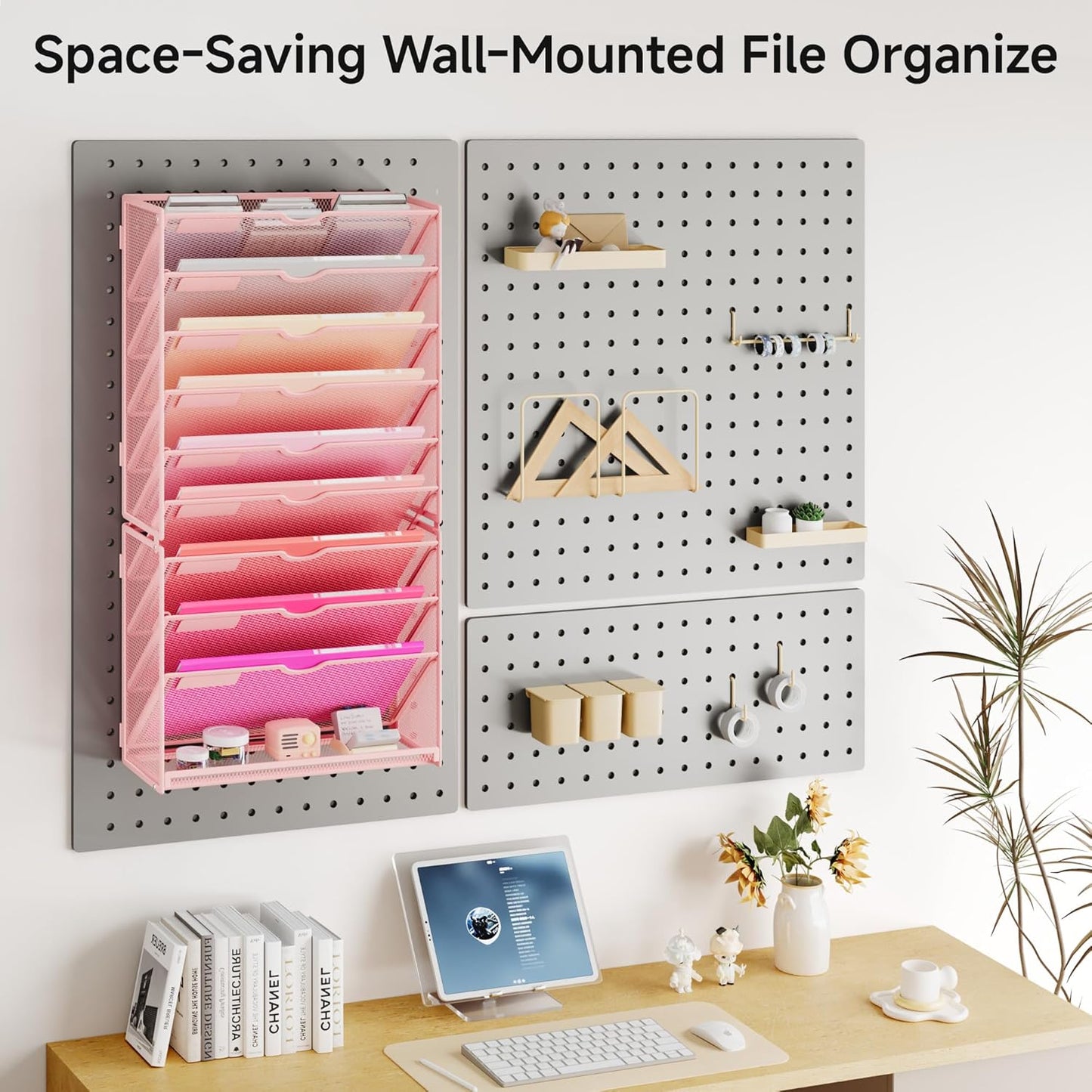 Lavatino 10-Tier Hanging Wall File Folders Organizer - Pink Metal Mesh Paper Magazine Document Mail Holder File Organizer for Office School Home Wall Mount or Desk Supplies Organization