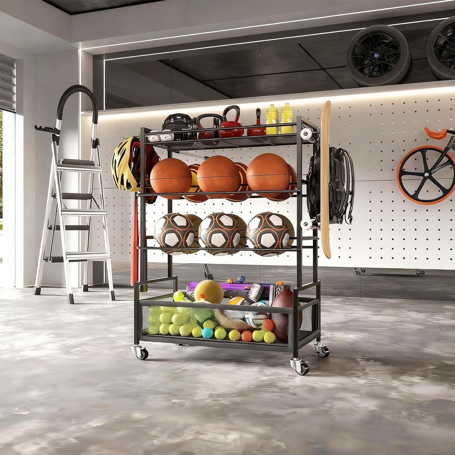SOYEEZE Sports Equipment Organizer- Ball Storage for Garage,4 Tiers Outdoor Toy Storage,Soccer Racks,Basketball Shooting Training Stand Cart with Wheels and Hooks for Home-School and Gym Use