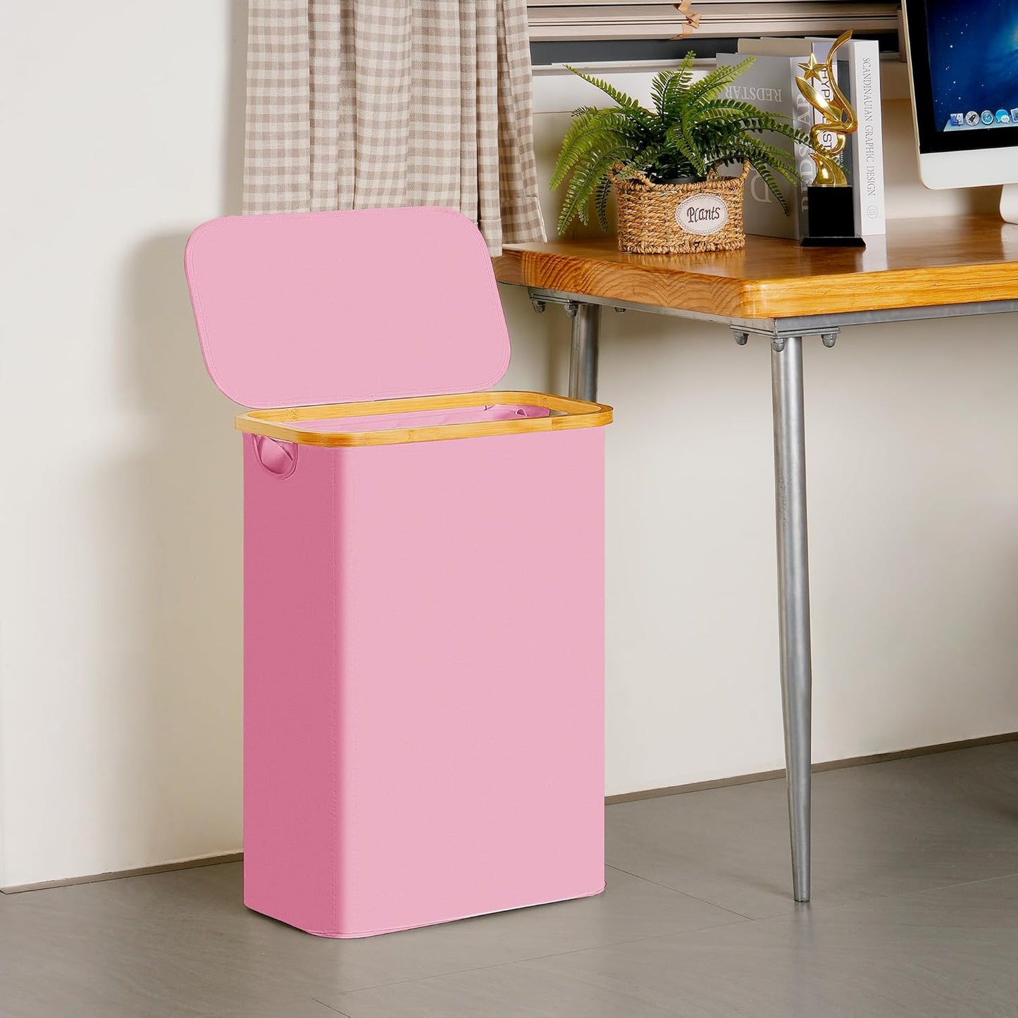 efluky Slim Laundry Basket with Lid, Narrow Laundry Hamper with Removable Bag, Skinny Dirty Clothes Basket with Bamboo Handles for Bathroom, Bedroom & Laundry Room, 65L Pink