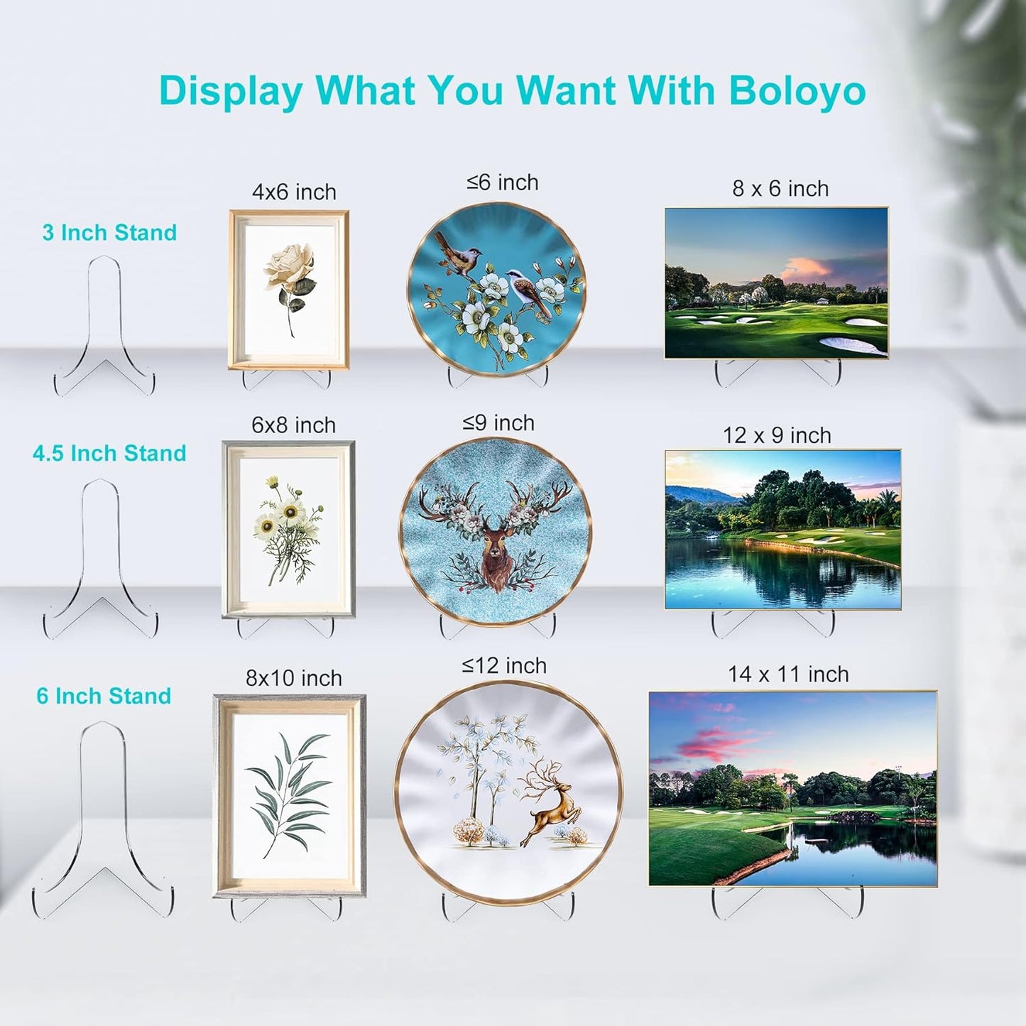 Boloyo 60-Degree Angle Acrylic Plate Display Stand , 6 Inch 2PC Clear Acrylic Display Holder Easel Base for Home Office Kitchen School Art Display